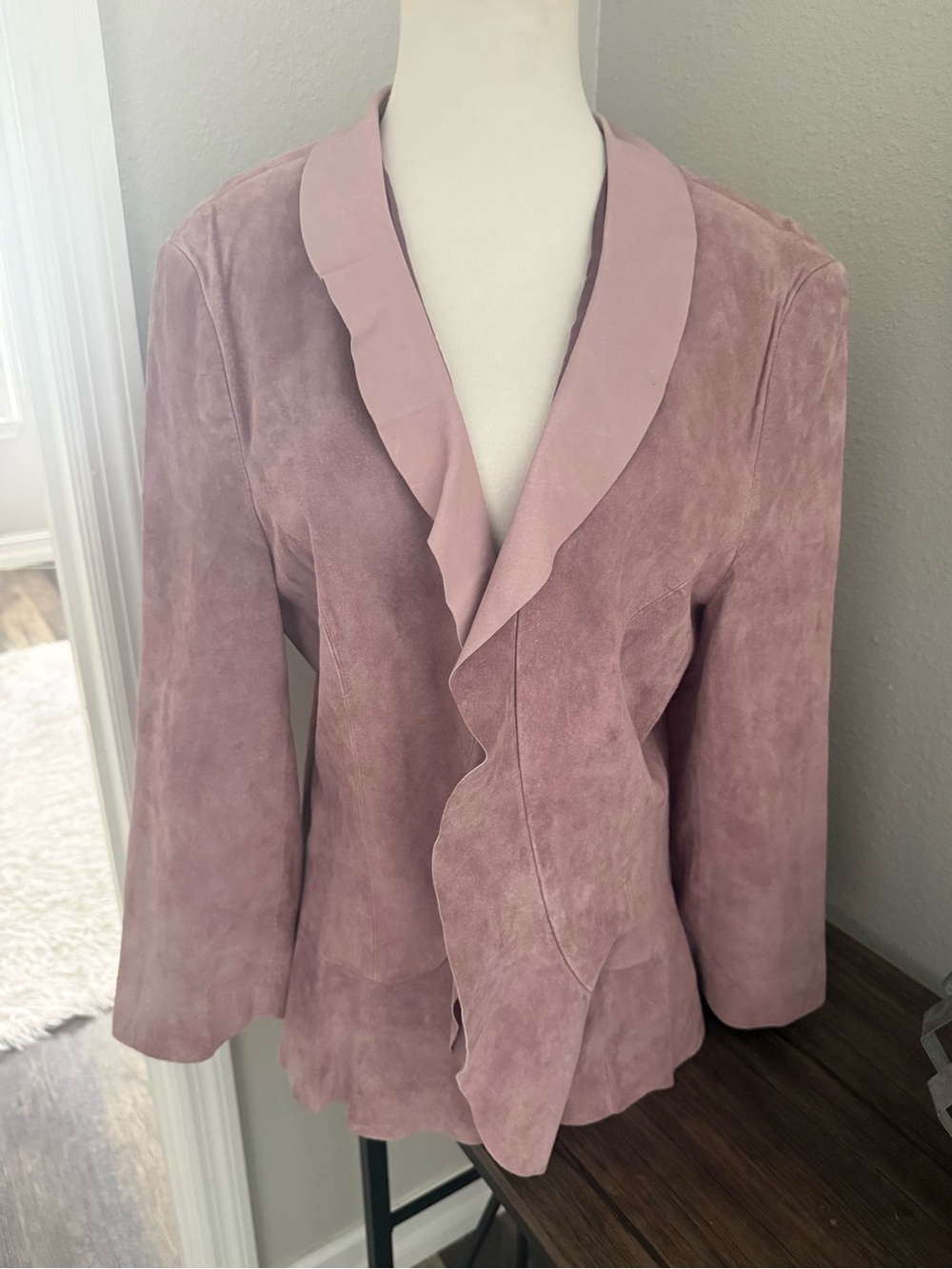 Spiegel Mauve Dusty Rose 100% Genuine Pig Suede Leather Ruffle Open Jacket Large